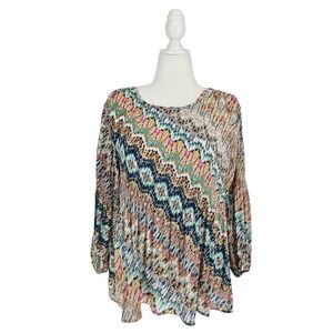 Spense Blouse Women Large Multicolor Ikat Zig Zag Plisse Peasant Top